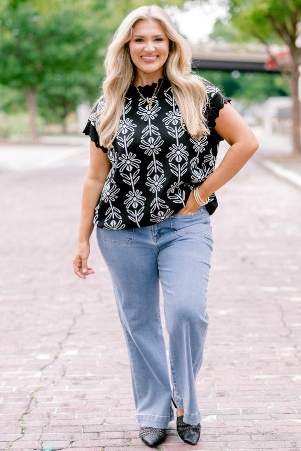 Chic Soul plus size clothing, black short scallop sleeve sweater with white outlined novelty floral print