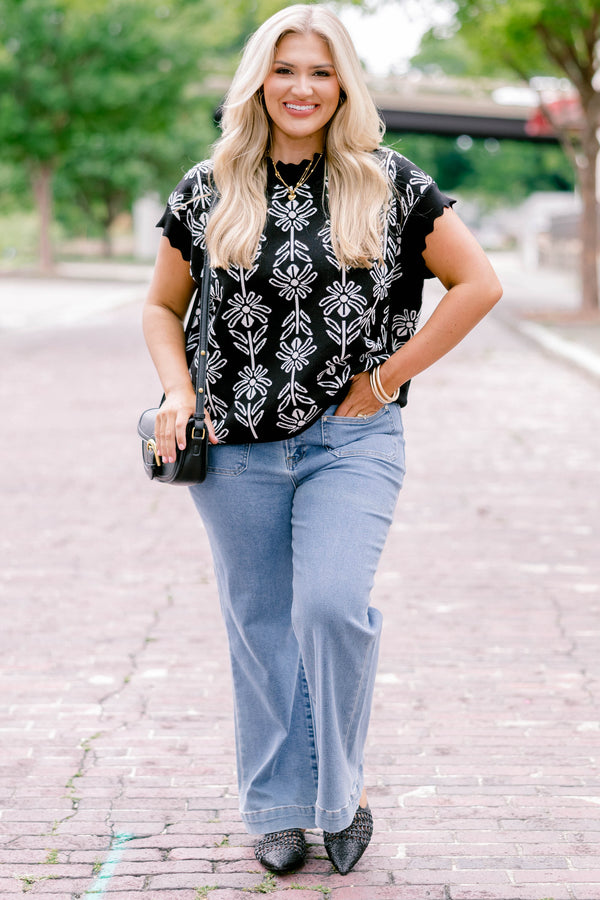 Chic Soul plus size clothing, black short scallop sleeve sweater with white outlined novelty floral print