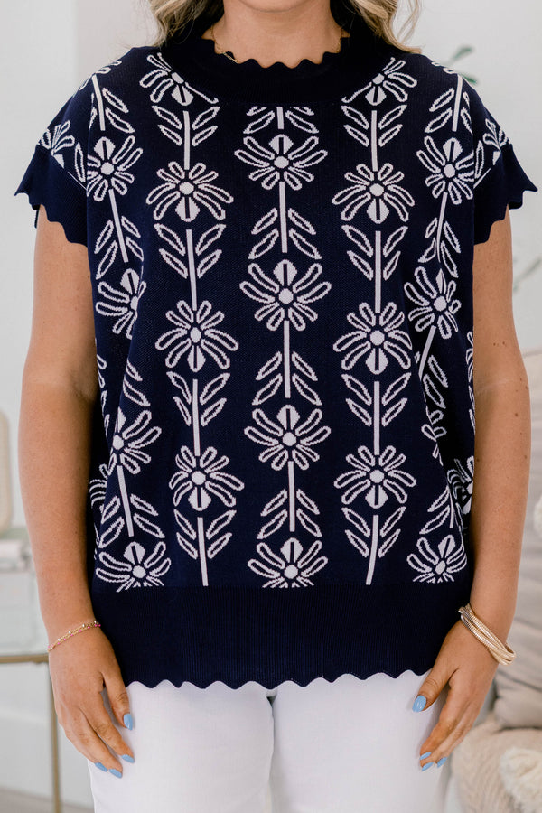 Chic Soul plus size clothing, navy short sleeve scallop edge sweater with white floral print
