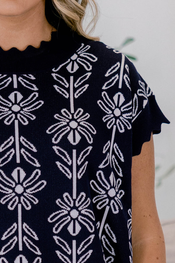 Chic Soul plus size clothing, navy short sleeve scallop edge sweater with white floral print