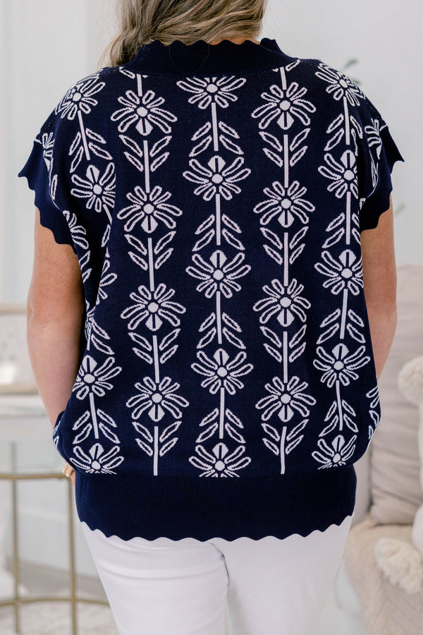 Chic Soul plus size clothing, navy short sleeve scallop edge sweater with white floral print