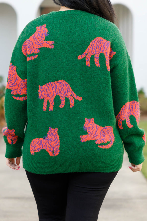 Chic Soul plus size clothing, green sweater with tiger print