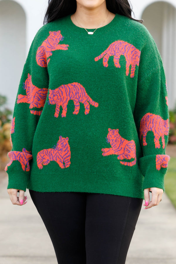 Chic Soul plus size clothing, green sweater with tiger print