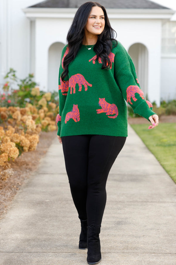Chic Soul plus size clothing, green sweater with tiger print