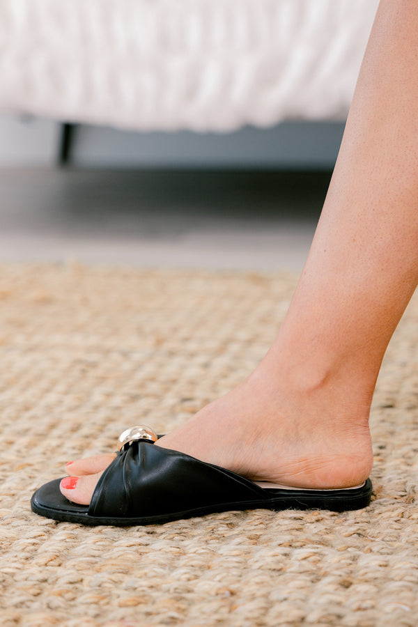 Chic Soul plus size clothing, black sandals with a ruched strap over the top of the foot and a gold detail on the middle of the strap 