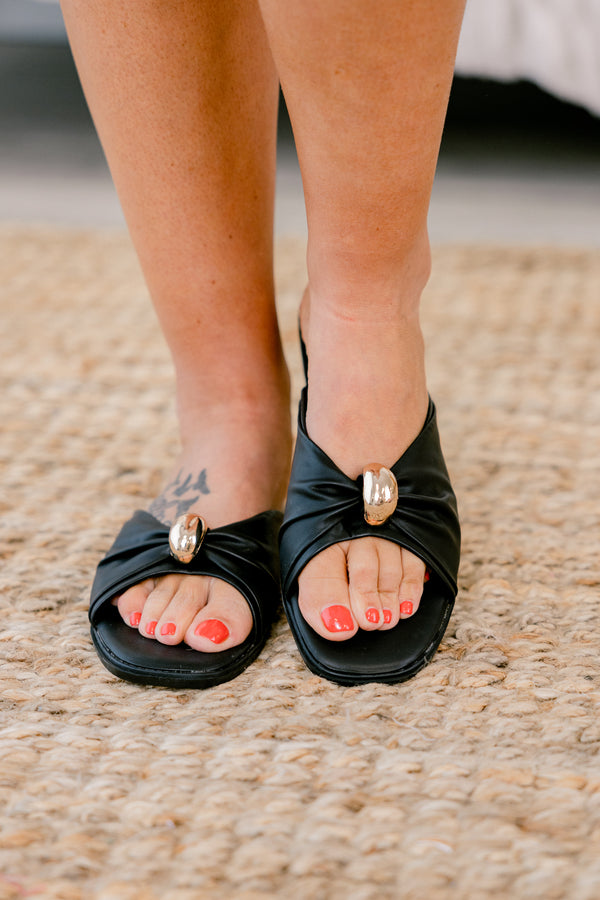 Chic Soul plus size clothing, black sandals with a ruched strap over the top of the foot and a gold detail on the middle of the strap 