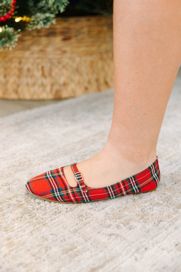 Plus Size red plaid Mary Jane flats with a pointed toe and a thin buckle strap.
