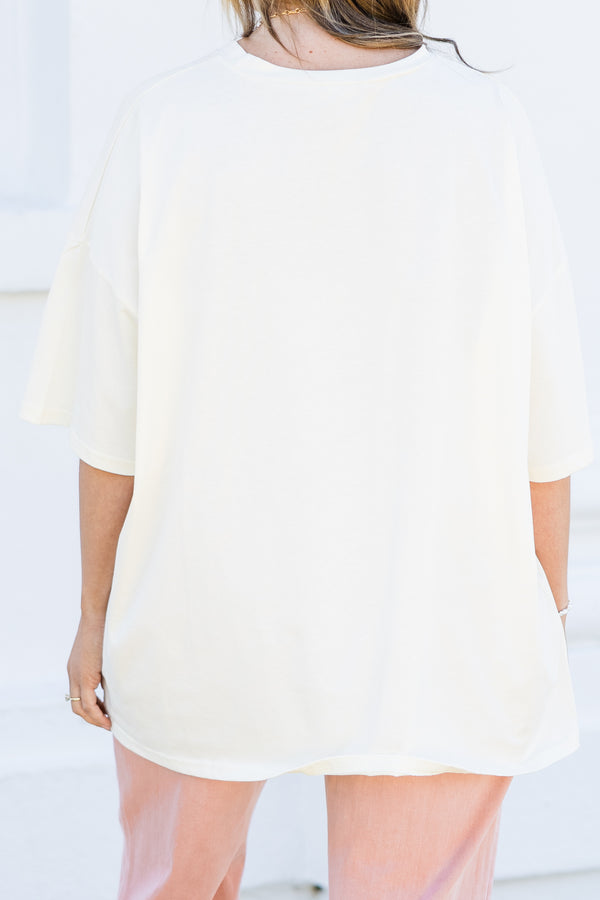 Chic Soul plus size clothing, ivory boyfriend tee with pink floral pattern bow graphic