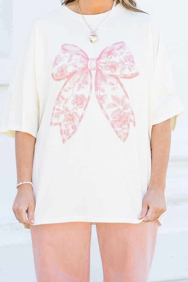 Chic Soul plus size clothing, ivory boyfriend tee with pink floral pattern bow graphic