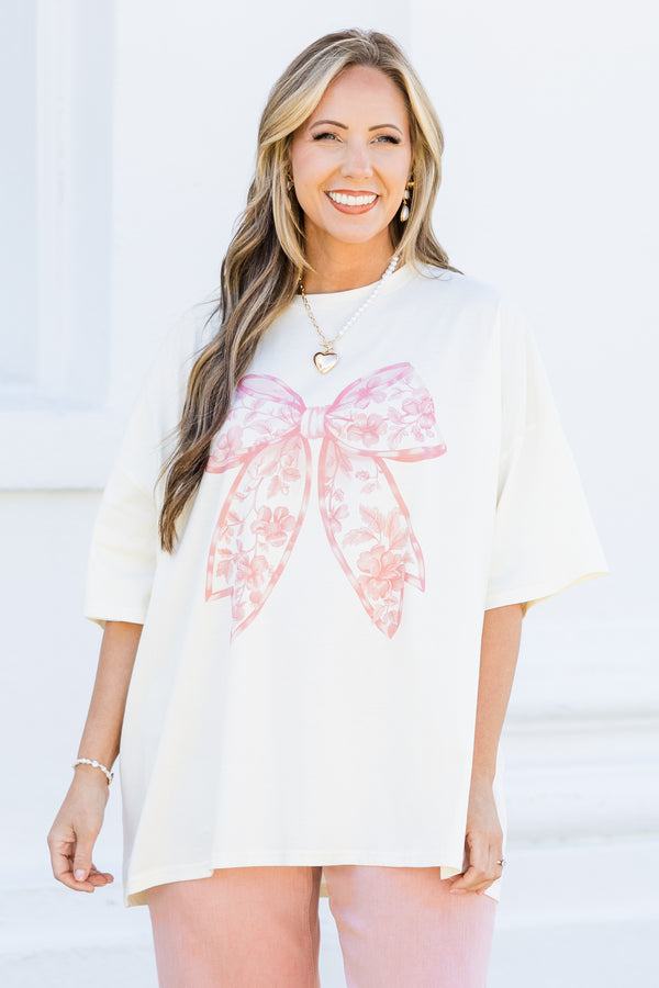 Chic Soul plus size clothing, ivory boyfriend tee with pink floral pattern bow graphic