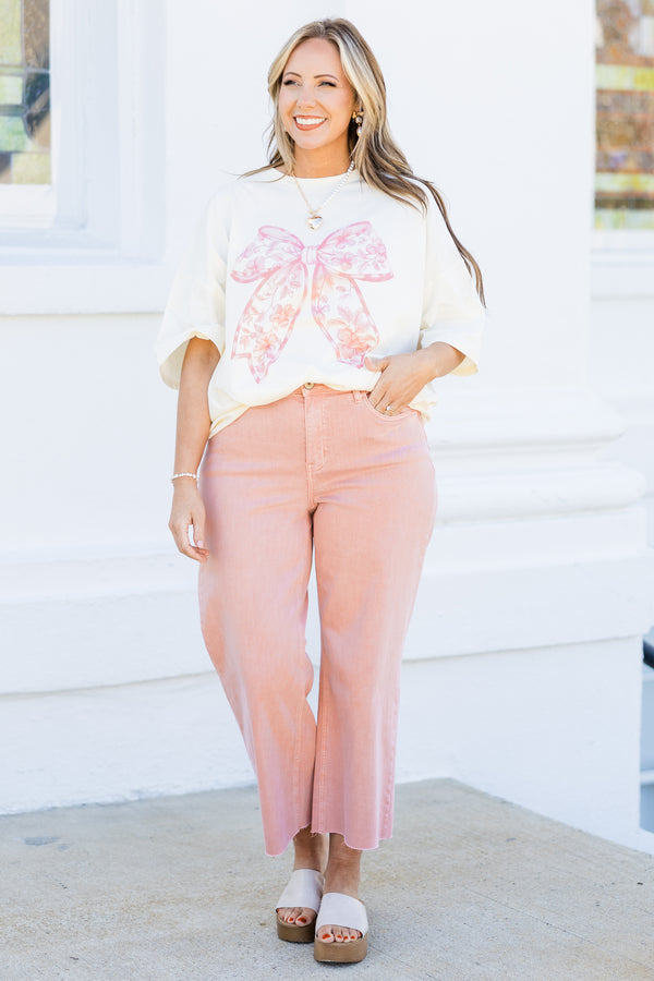 Chic Soul plus size clothing, ivory boyfriend tee with pink floral pattern bow graphic