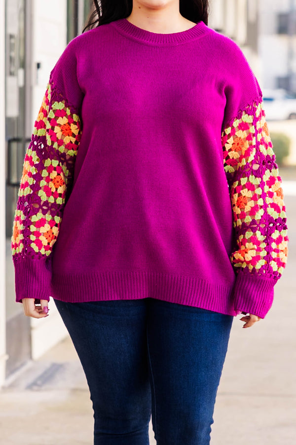 Chic Soul Plus size clothing, magenta sweater with crochet multicolor long sleeves