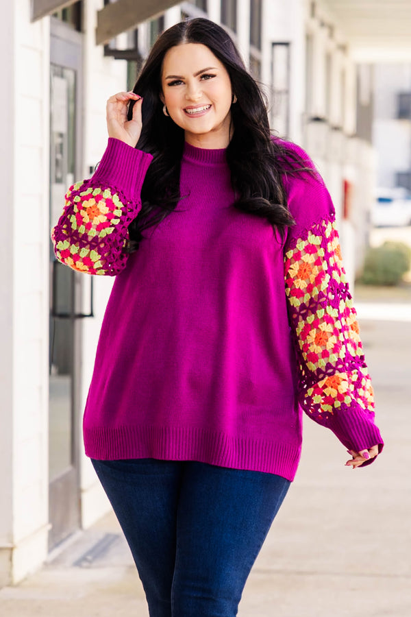 Chic Soul Plus size clothing, magenta sweater with crochet multicolor long sleeves