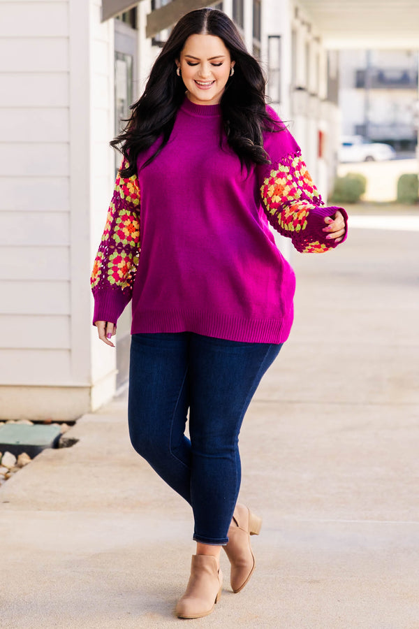 Chic Soul Plus size clothing, magenta sweater with crochet multicolor long sleeves
