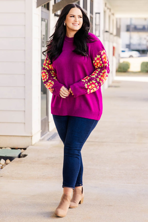 Chic Soul Plus size clothing, magenta sweater with crochet multicolor long sleeves
