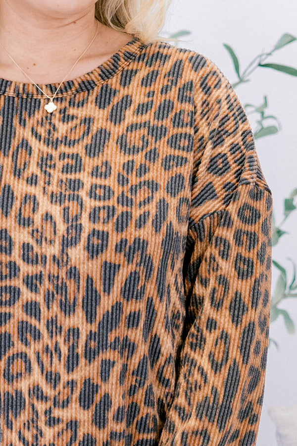 Chic Soul plus size clothing, brown leopard print long sleeve short dress