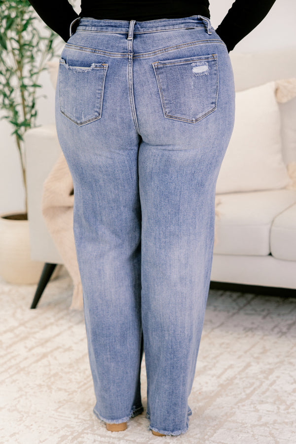 Chic Soul plus size clothing, medium wash straight leg blue jeans with small distressing details 
