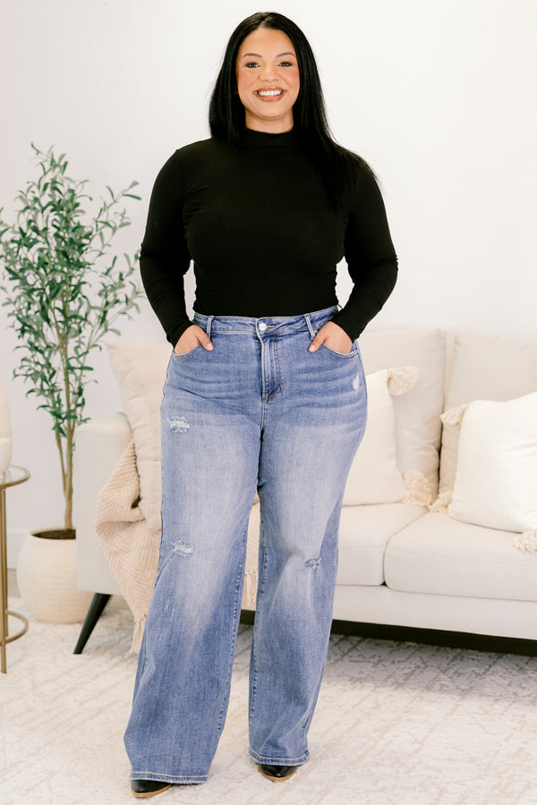 Chic Soul plus size clothing, medium wash straight leg blue jeans with small distressing details 