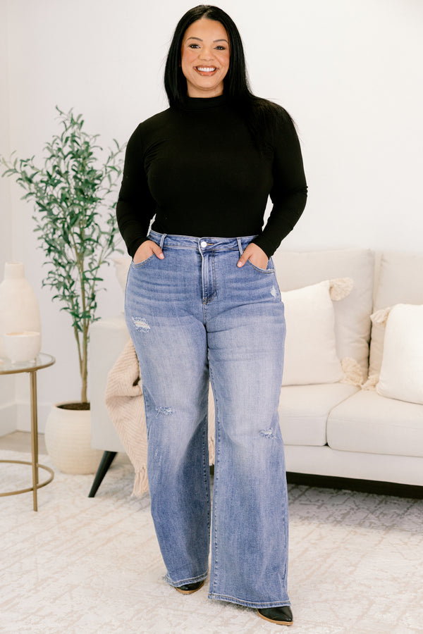 Chic Soul plus size clothing, medium wash straight leg blue jeans with small distressing details 