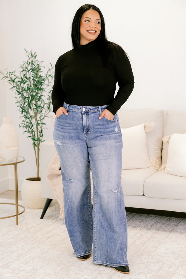 Chic Soul plus size clothing, medium wash straight leg blue jeans with small distressing details 
