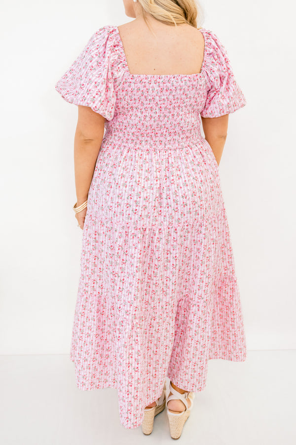 Chic Soul plus size clothing, light pink and ditsy floral short puff sleeve maxi dress with square neckline and bow tied across the chest