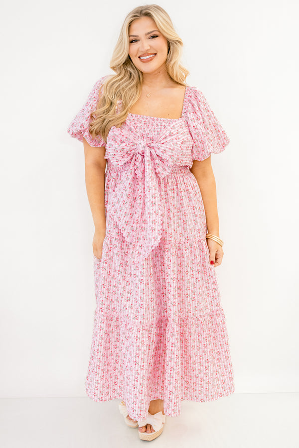 Chic Soul plus size clothing, light pink and ditsy floral short puff sleeve maxi dress with square neckline and bow tied across the chest