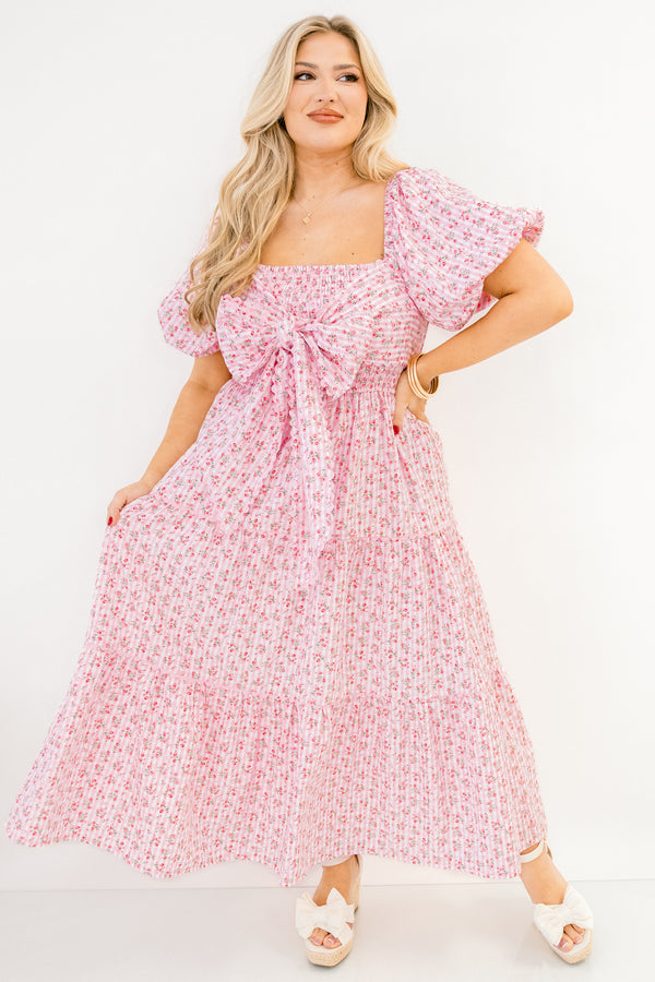 Chic Soul plus size clothing, light pink and ditsy floral short puff sleeve maxi dress with square neckline and bow tied across the chest