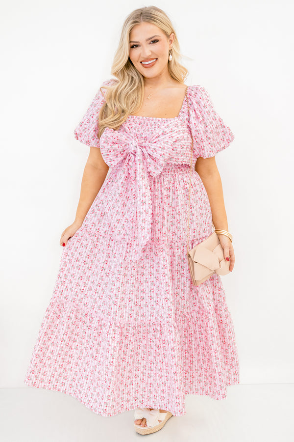 Chic Soul plus size clothing, light pink and ditsy floral short puff sleeve maxi dress with square neckline and bow tied across the chest