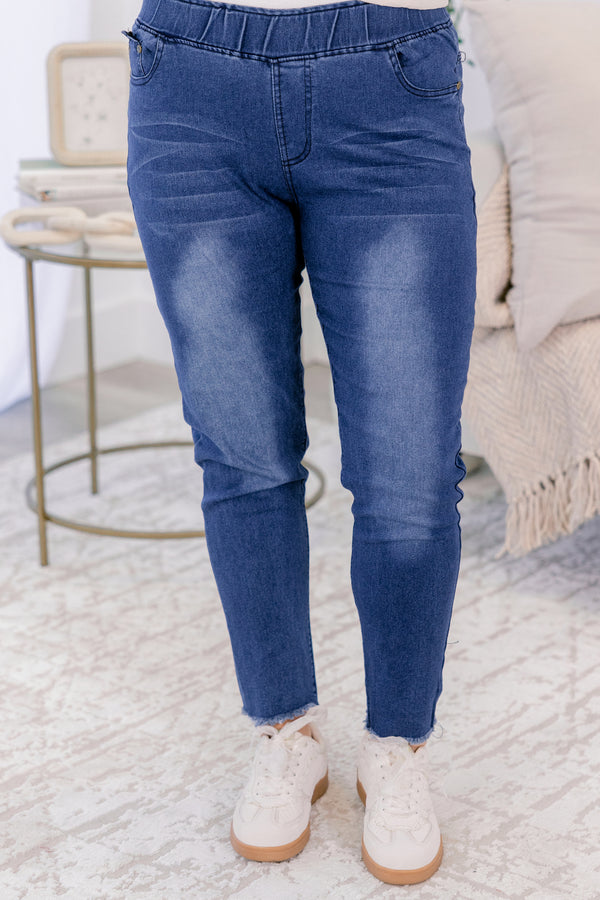 Chic Soul plus size clothing, blue mid wash jeggings with stretchy waistband pockets and raw hem