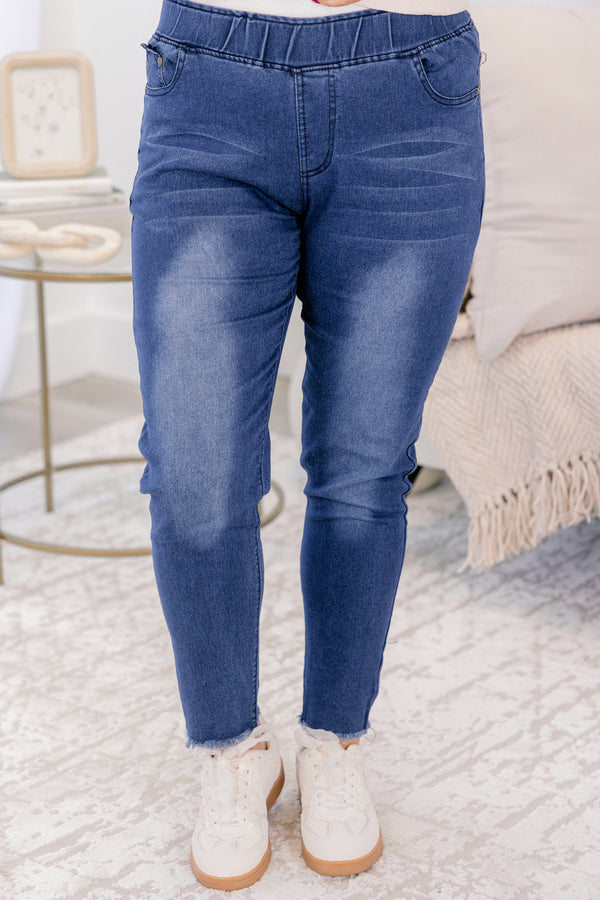 Chic Soul plus size clothing, blue mid wash jeggings with stretchy waistband pockets and raw hem