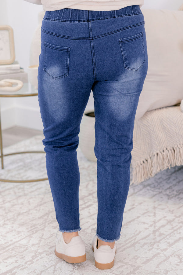 Chic Soul plus size clothing, blue mid wash jeggings with stretchy waistband pockets and raw hem