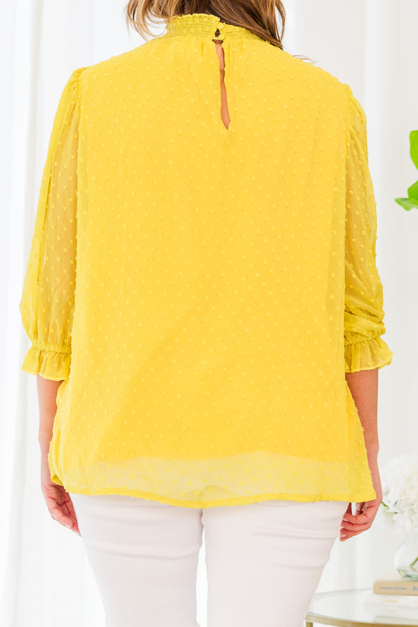 Chic Soul plus size clothing, quarter sleeve mustard yellow blouse with smocked high-neckline and spotted material