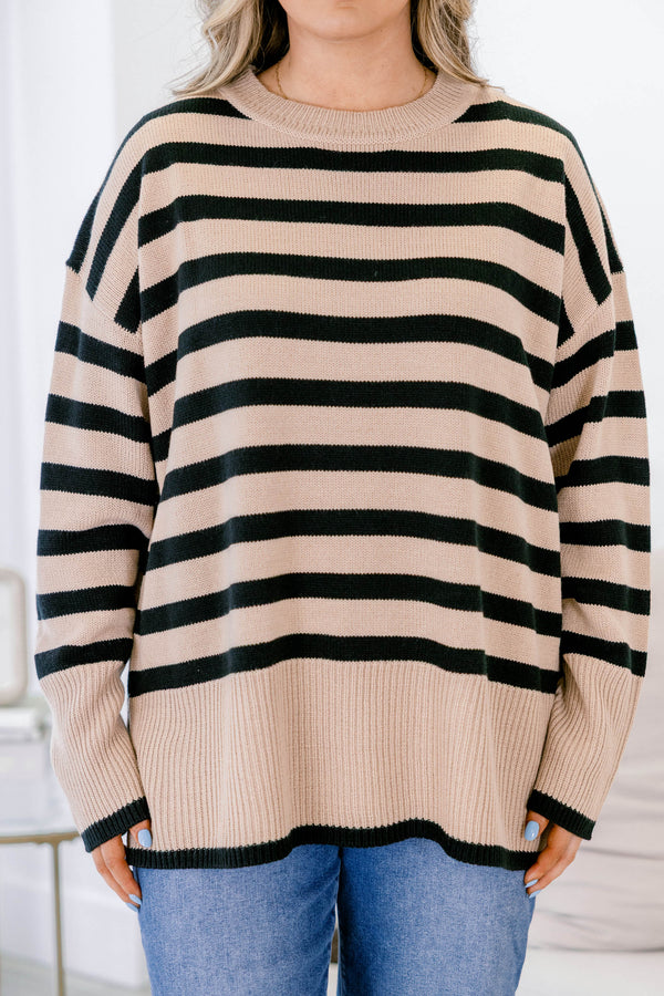 Chic Soul plus size clothing, black and tan horizontal striped long sleeve sweater 