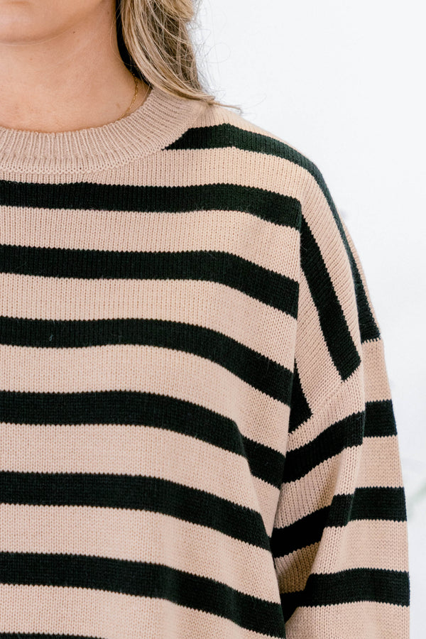 Chic Soul plus size clothing, black and tan horizontal striped long sleeve sweater 