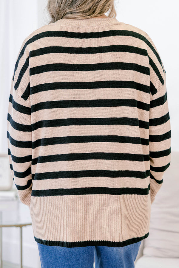 Chic Soul plus size clothing, black and tan horizontal striped long sleeve sweater 