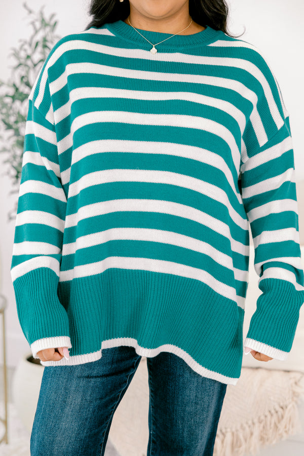 Chic Soul plus size clothing, teal long sleeve sweater with white stripes and side slits