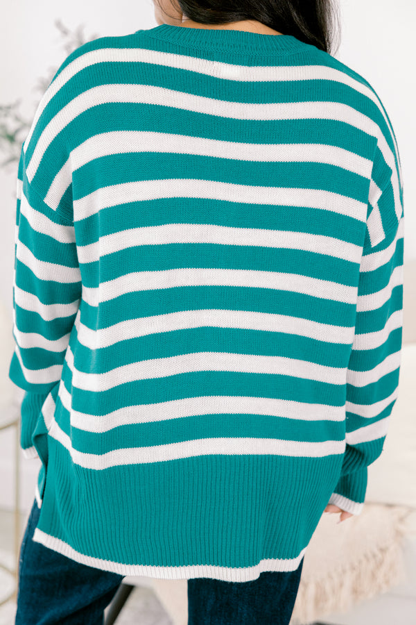 Chic Soul plus size clothing, teal long sleeve sweater with white stripes and side slits