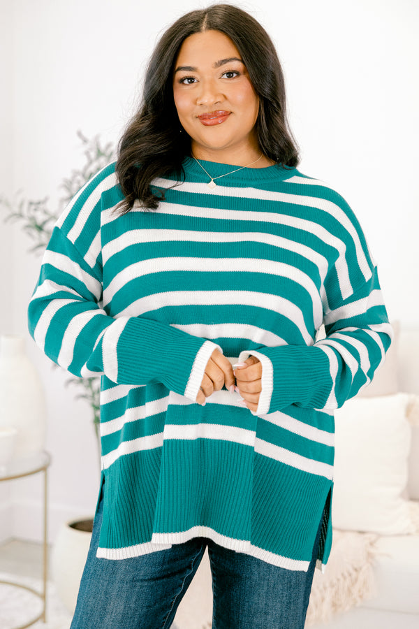 Chic Soul plus size clothing, teal long sleeve sweater with white stripes and side slits