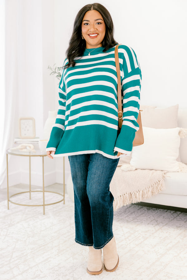 Chic Soul plus size clothing, teal long sleeve sweater with white stripes and side slits
