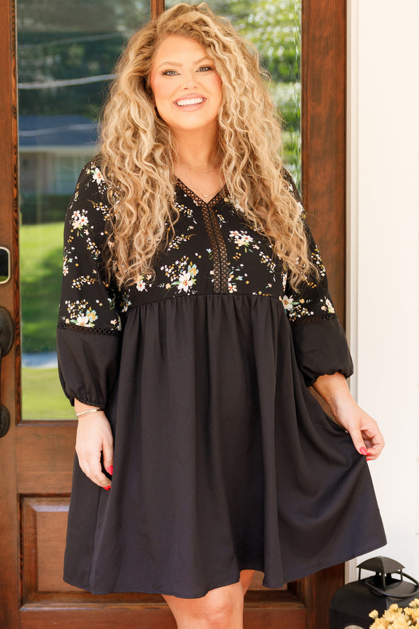 Chic Soul plus size clothing, black dress with floral detailing on the top flowy and short length