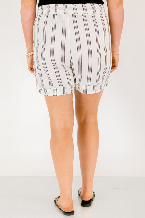 Chic Soul plus size clothing, white linen drawstring shorts with black vertical striping and cuffed hem