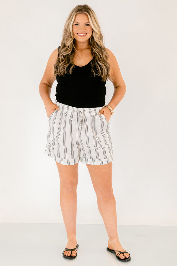 Chic Soul plus size clothing, white linen drawstring shorts with black vertical striping and cuffed hem