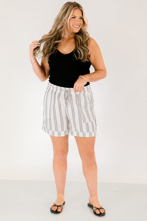 Chic Soul plus size clothing, white linen drawstring shorts with black vertical striping and cuffed hem