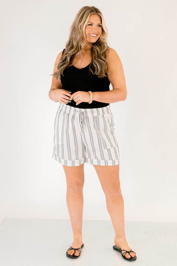 Chic Soul plus size clothing, white linen drawstring shorts with black vertical striping and cuffed hem