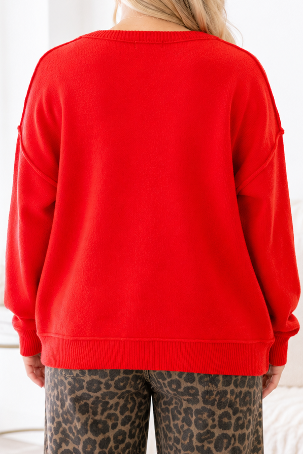 Chic Soul plus size clothing, red long sleeve button up cardigan with light wooden buttons