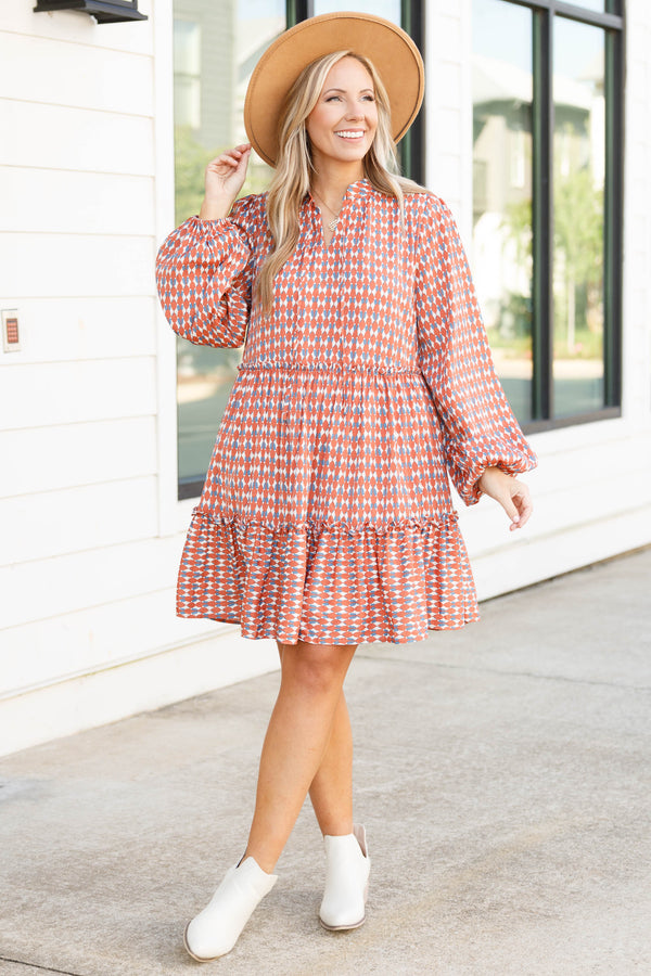 Chic Soul plus size clothing, marsala flowy geometric pattern dress with a v neck and bubble sleeves