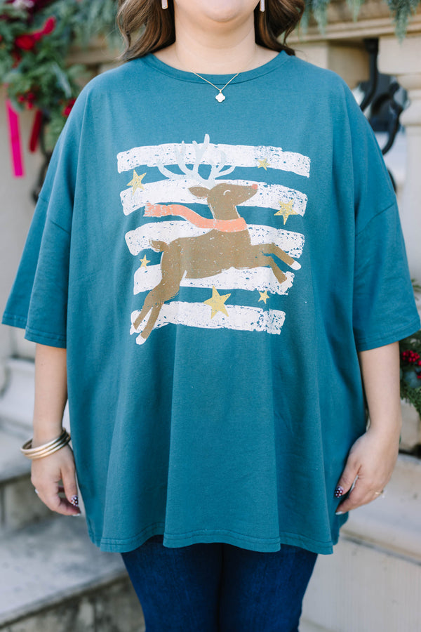 Plus Size peacock blue boyfriend tee with a vintage reindeer graphic and white stripes.
