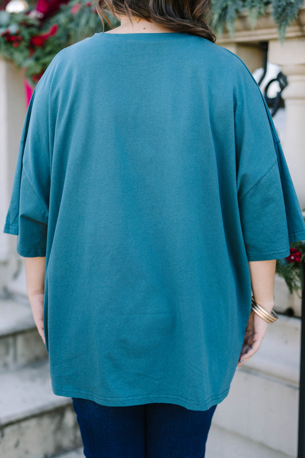 Plus Size peacock blue boyfriend tee with a vintage reindeer graphic and white stripes.