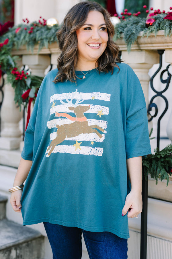 Plus Size peacock blue boyfriend tee with a vintage reindeer graphic and white stripes.