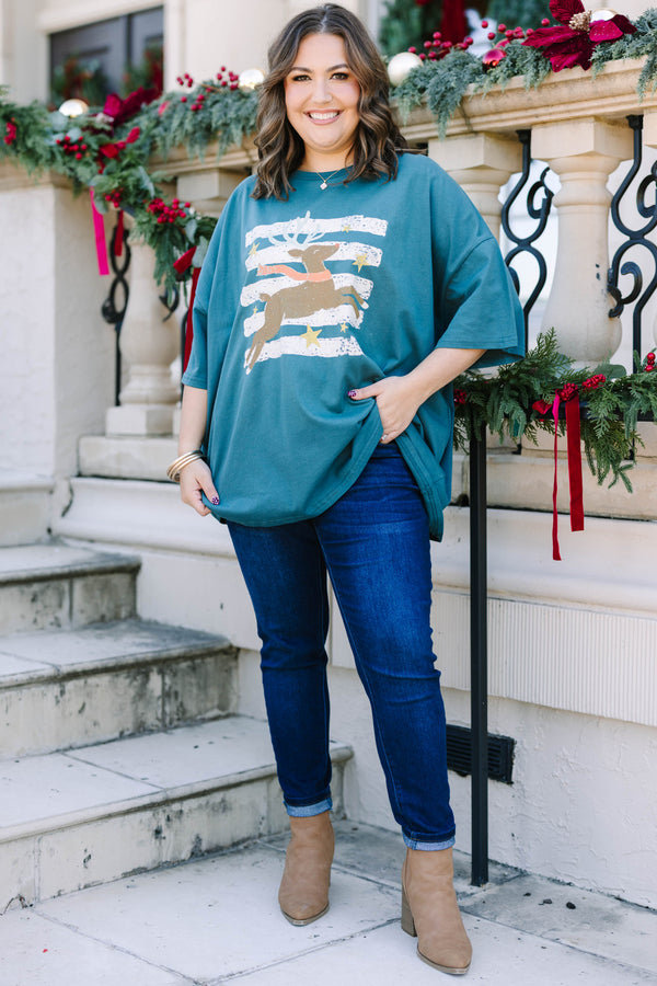 Plus Size peacock blue boyfriend tee with a vintage reindeer graphic and white stripes.